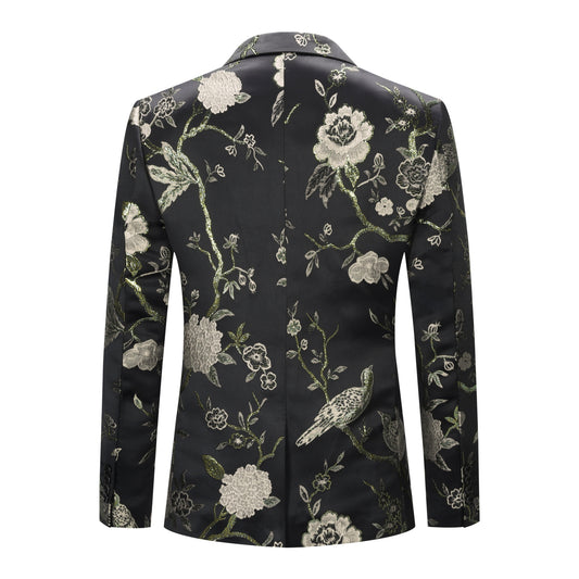 Gold # Men's one-button notch lapel embroidered 2-piece suit, slim fit gold formal blazer jacket with matching trousers, elegant embroidered wedding suit for party, prom, dinner and special occasions, isolated on white background.
