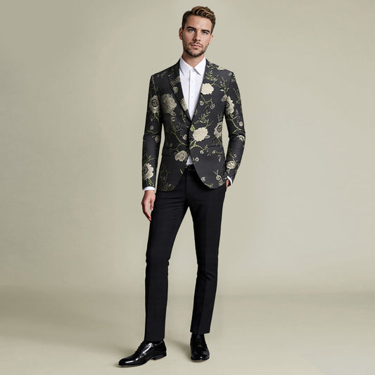 Gold # Men's one-button notch lapel embroidered 2-piece suit, slim fit gold formal blazer jacket with matching trousers, elegant embroidered wedding suit for party, prom, dinner and special occasions, isolated on white background.