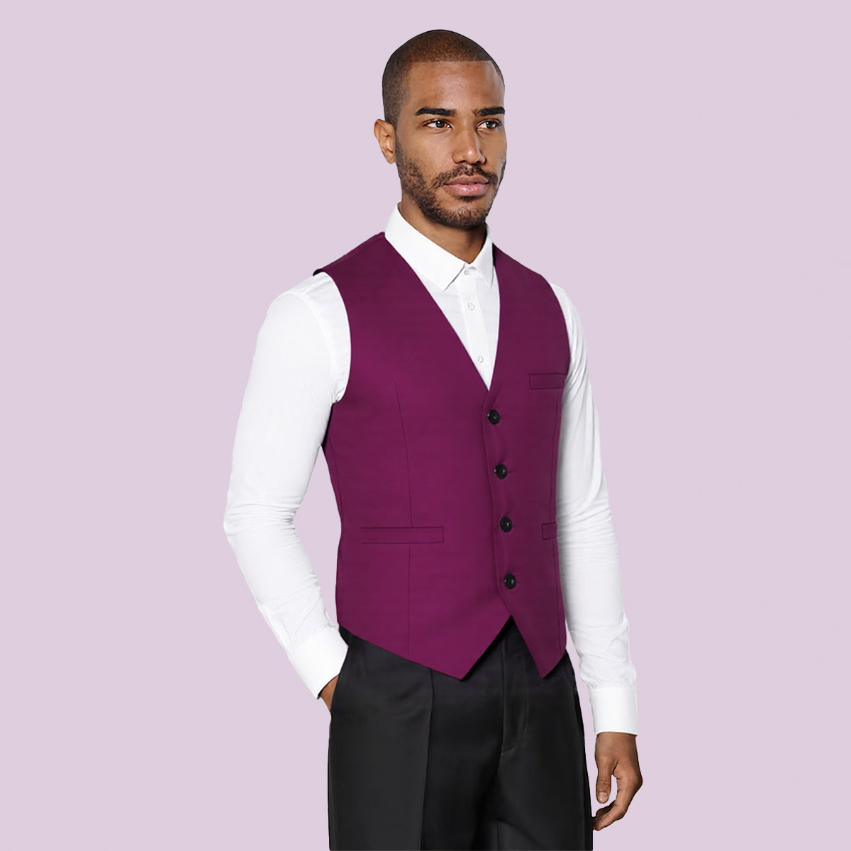 Maroon # Men's slim fit solid color fashion vest with v-neck and button closure, sleeveless maroon waistcoat with adjustable strap belt and fully lined interior, soft durable polyester viscose blend for wedding, banquet, party, business and daily wear, isolated on white background.