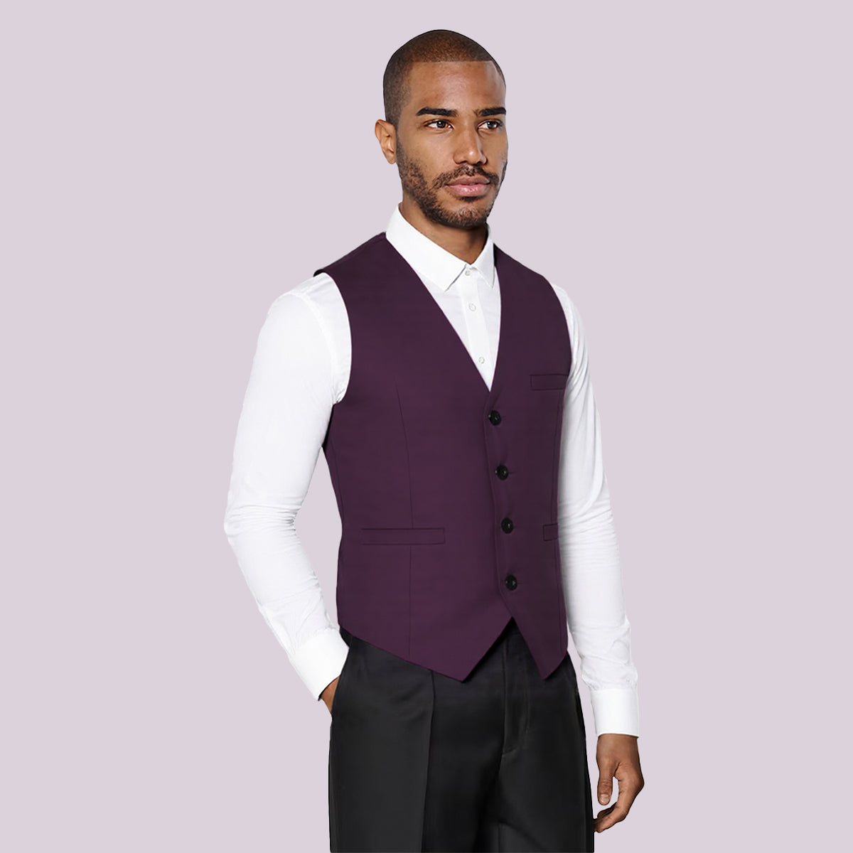 Purple # Men's slim fit solid color fashion vest with v-neck and button-down front, sleeveless suit waistcoat with adjustable strap belt and fully lined interior, premium polyester viscose blend for wedding, banquet, business, party and daily wear, isolated on white background.