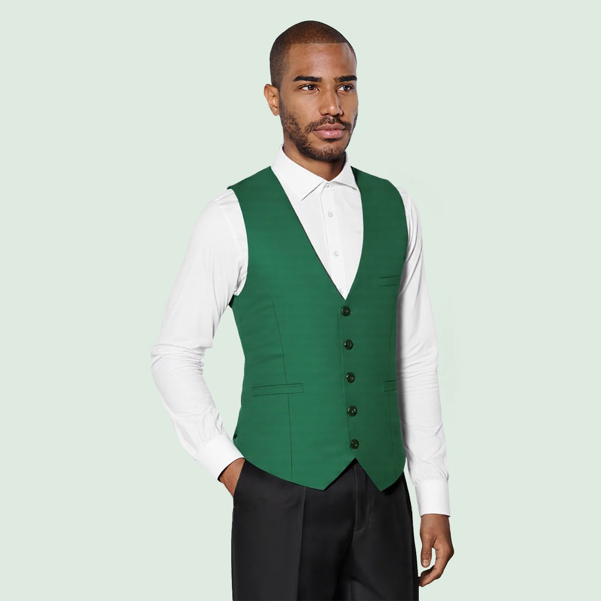 Green # Men's slim fit solid color fashion vest with v-neck and 5-button front closure, sleeveless waistcoat with adjustable strap belt and fully lined interior, soft elastic polyester blend vest for wedding, banquet, party, business and daily wear, isolated on white background.