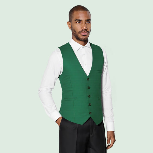 Green # Men's slim fit solid color fashion vest with v-neck and 5-button front closure, sleeveless waistcoat with adjustable strap belt and fully lined interior, soft elastic polyester blend vest for wedding, banquet, party, business and daily wear, isolated on white background.