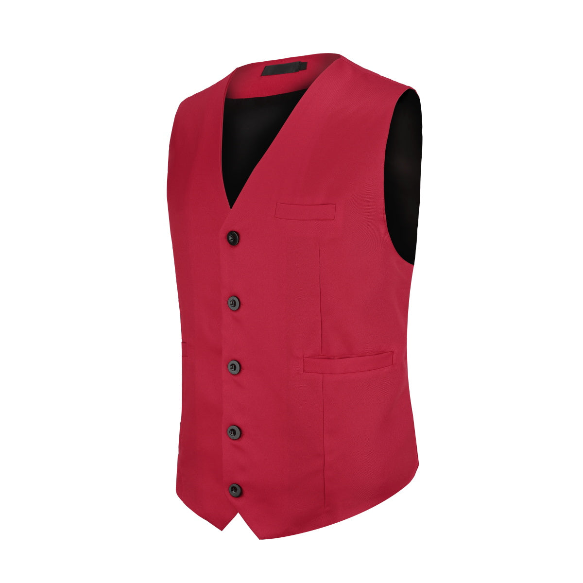 Red # Men's slim fit solid color fashion vest with v-neck and 5-button front closure, sleeveless waistcoat with adjustable strap belt and fully lined interior, soft elastic polyester blend vest for wedding, banquet, party, business and daily wear, isolated on white background.