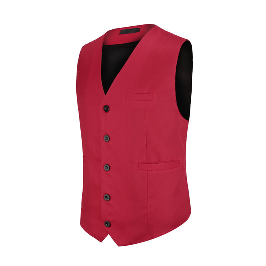 Red # Men's slim fit solid color fashion vest with v-neck and 5-button front closure, sleeveless waistcoat with adjustable strap belt and fully lined interior, soft elastic polyester blend vest for wedding, banquet, party, business and daily wear, isolated on white background.