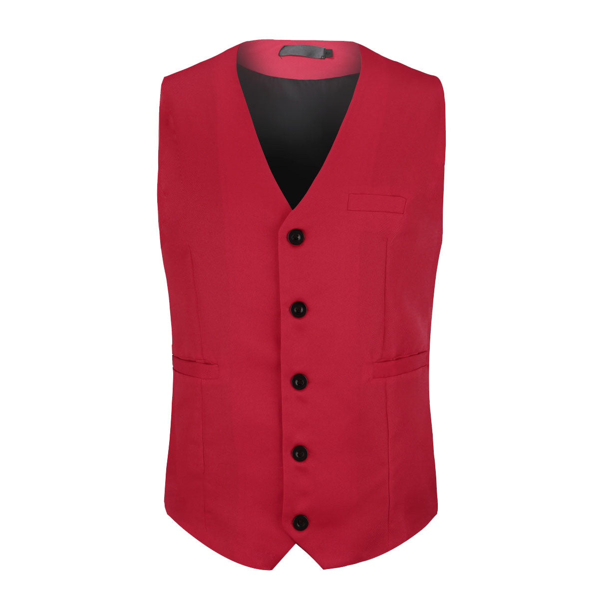 Red # Men's slim fit solid color fashion vest with v-neck and 5-button front closure, sleeveless waistcoat with adjustable strap belt and fully lined interior, soft elastic polyester blend vest for wedding, banquet, party, business and daily wear, isolated on white background.