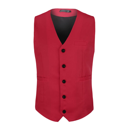 Red # Men's slim fit solid color fashion vest with v-neck and 5-button front closure, sleeveless waistcoat with adjustable strap belt and fully lined interior, soft elastic polyester blend vest for wedding, banquet, party, business and daily wear, isolated on white background.