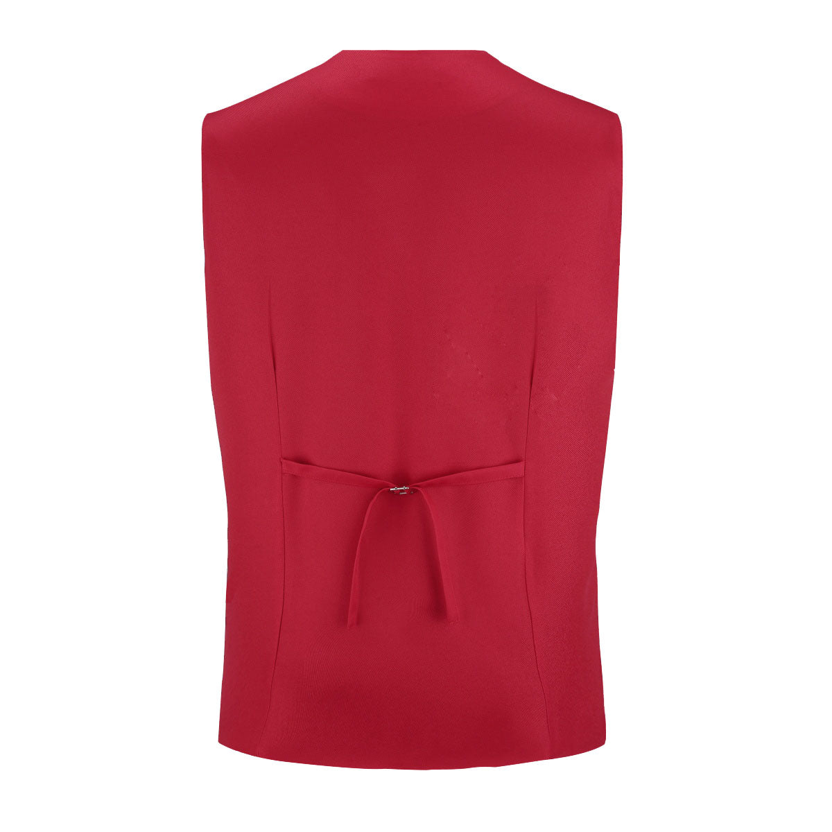 Red # Men's slim fit solid color fashion vest with v-neck and 5-button front closure, sleeveless waistcoat with adjustable strap belt and fully lined interior, soft elastic polyester blend vest for wedding, banquet, party, business and daily wear, isolated on white background.