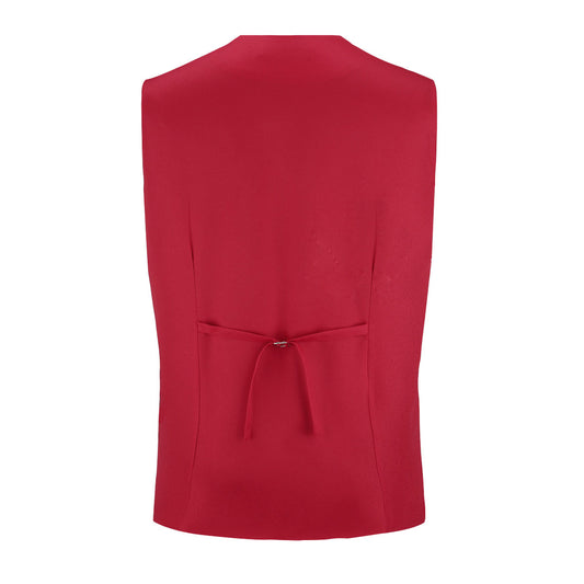Red # Men's slim fit solid color fashion vest with v-neck and 5-button front closure, sleeveless waistcoat with adjustable strap belt and fully lined interior, soft elastic polyester blend vest for wedding, banquet, party, business and daily wear, isolated on white background.