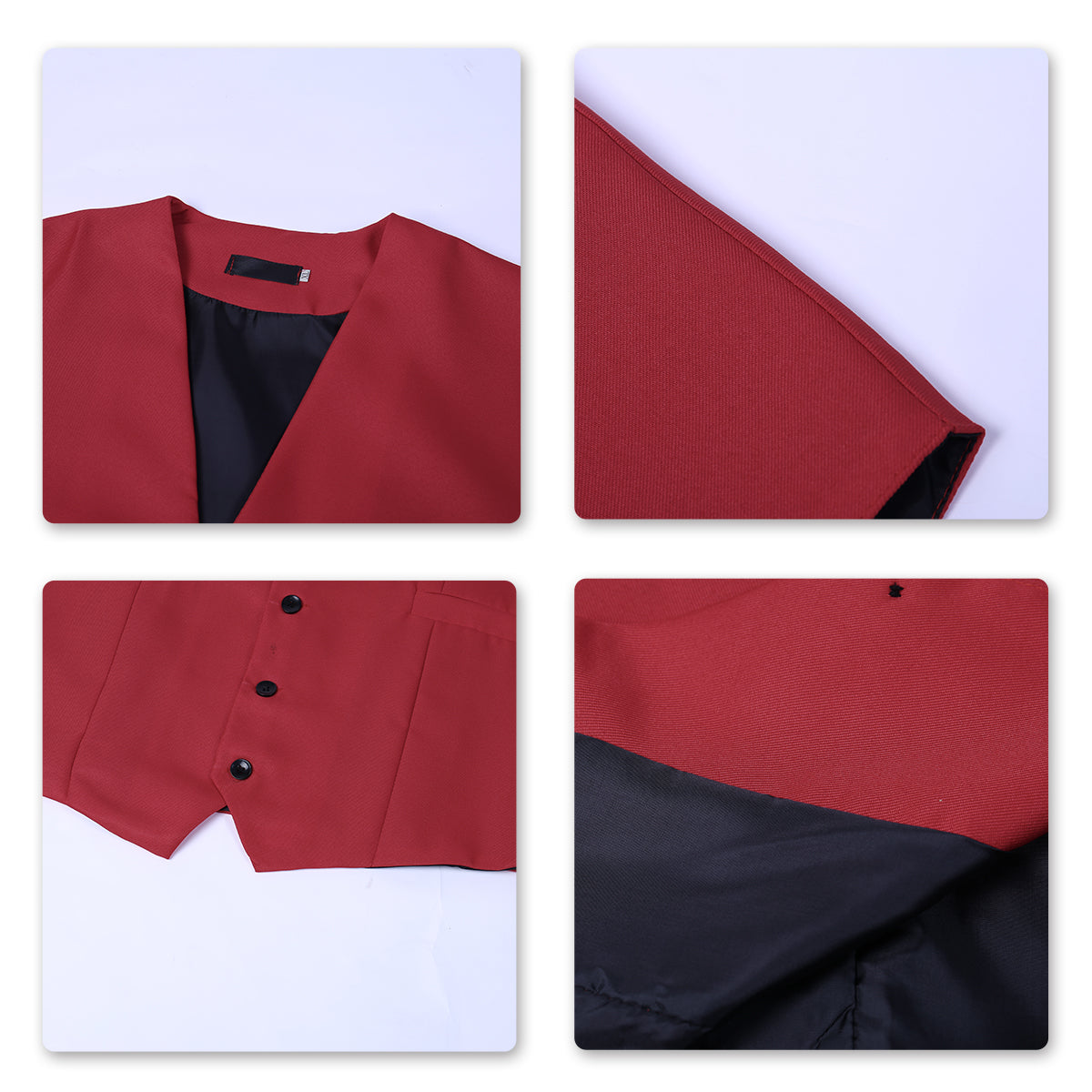 Red # Men's slim fit solid color fashion vest with v-neck and 5-button front closure, sleeveless waistcoat with adjustable strap belt and fully lined interior, soft elastic polyester blend vest for wedding, banquet, party, business and daily wear, isolated on white background.