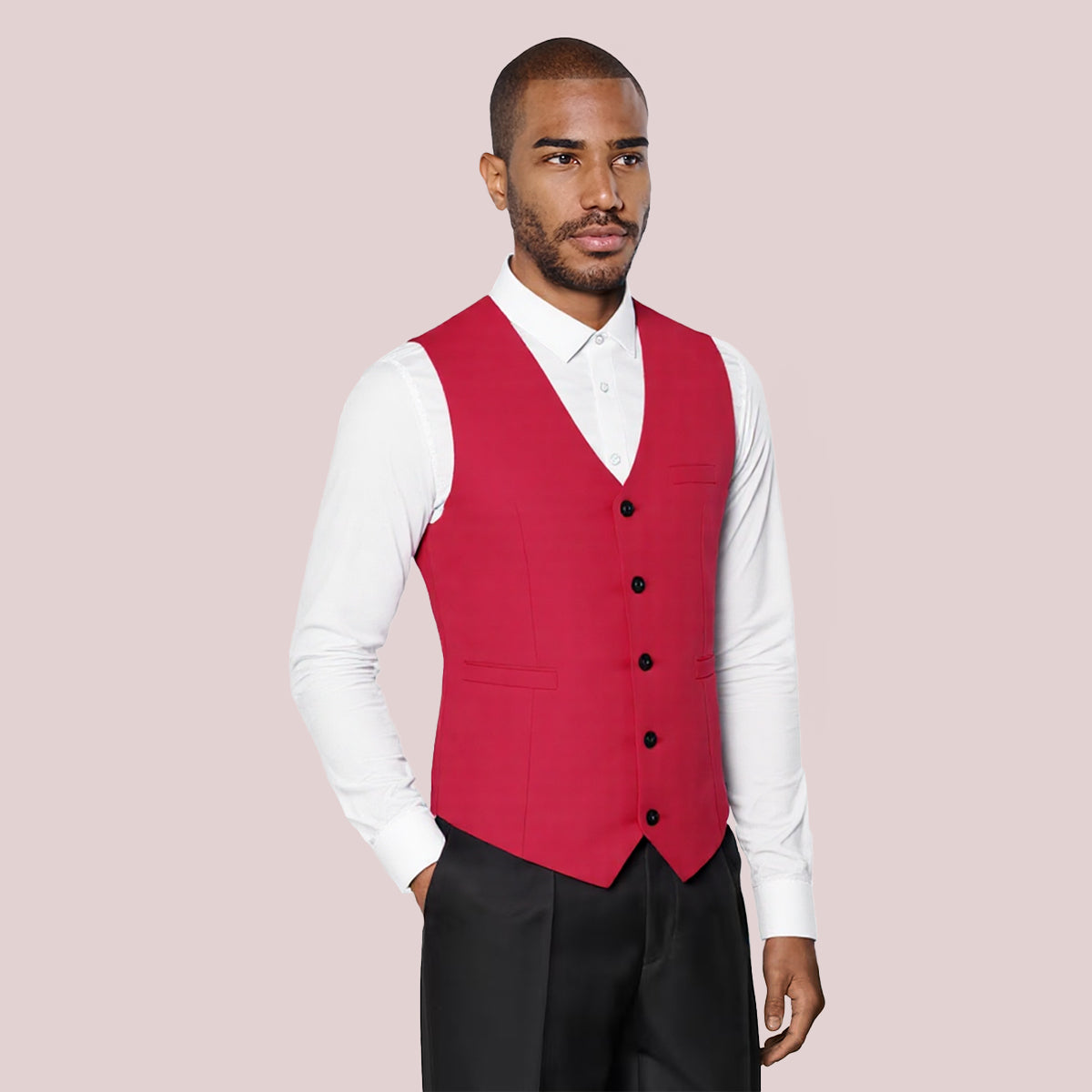 Red # Men's slim fit solid color fashion vest with v-neck and 5-button front closure, sleeveless waistcoat with adjustable strap belt and fully lined interior, soft elastic polyester blend vest for wedding, banquet, party, business and daily wear, isolated on white background.