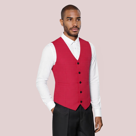 Red # Men's slim fit solid color fashion vest with v-neck and 5-button front closure, sleeveless waistcoat with adjustable strap belt and fully lined interior, soft elastic polyester blend vest for wedding, banquet, party, business and daily wear, isolated on white background.