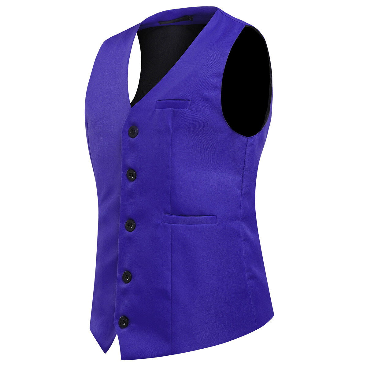 Indigo # Men's slim fit solid color fashion vest with v-neck and button-front closure, sleeveless waistcoat with adjustable strap belt and fully lined interior, soft elastic polyester blend vest for wedding, banquet, party, business and daily wear, isolated on white background.