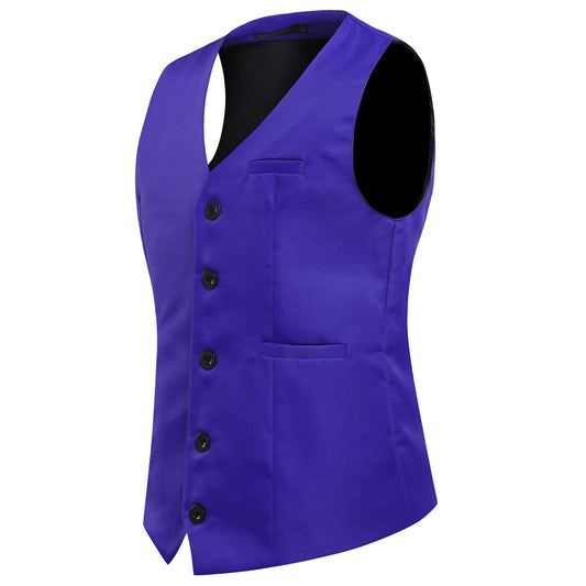 Indigo # Men's slim fit solid color fashion vest with v-neck and button-front closure, sleeveless waistcoat with adjustable strap belt and fully lined interior, soft elastic polyester blend vest for wedding, banquet, party, business and daily wear, isolated on white background.