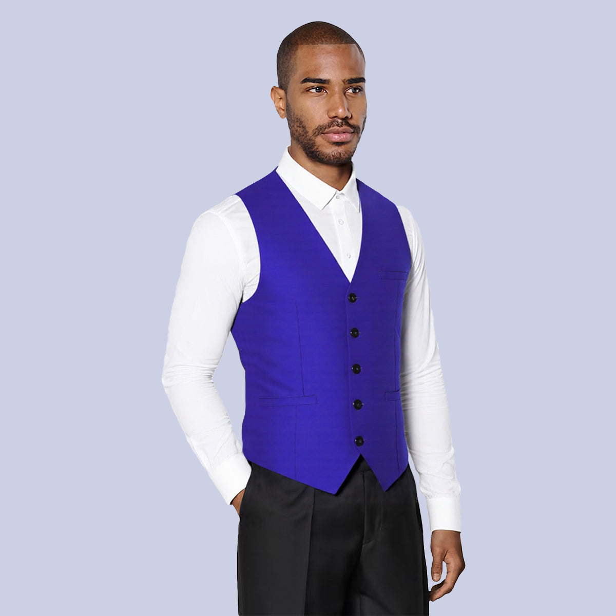 Indigo # Men's slim fit solid color fashion vest with v-neck and button-front closure, sleeveless waistcoat with adjustable strap belt and fully lined interior, soft elastic polyester blend vest for wedding, banquet, party, business and daily wear, isolated on white background.