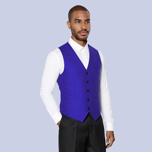 Indigo # Men's slim fit solid color fashion vest with v-neck and button-front closure, sleeveless waistcoat with adjustable strap belt and fully lined interior, soft elastic polyester blend vest for wedding, banquet, party, business and daily wear, isolated on white background.
