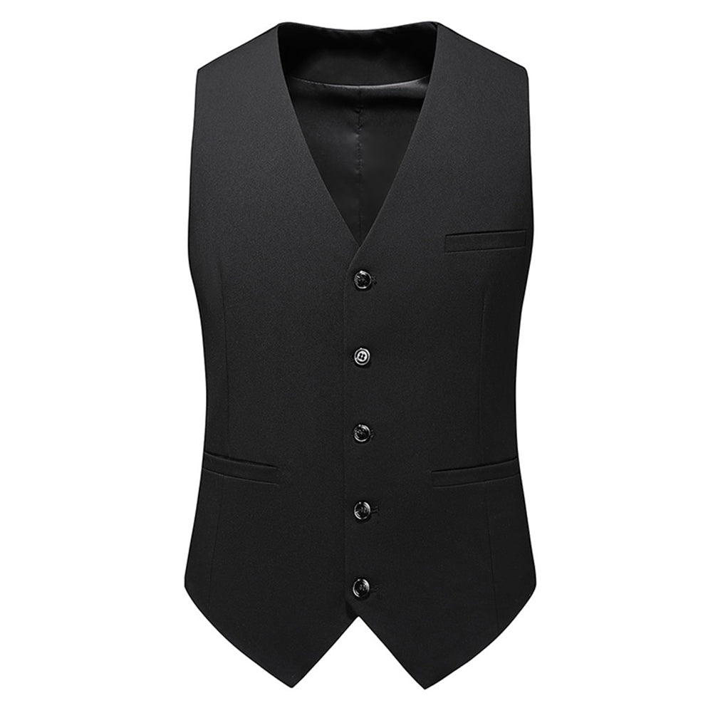 Black # Men's slim fit solid color fashion vest with v-neck and adjustable strap belt, sleeveless button-down waistcoat fully lined with premium polyester viscose blend for wedding, banquet, party, business and daily wear, isolated on white background.