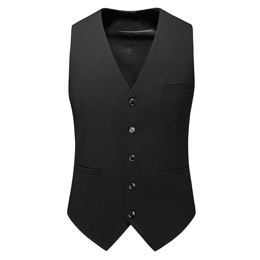 Black # Men's slim fit solid color fashion vest with v-neck and adjustable strap belt, sleeveless button-down waistcoat fully lined with premium polyester viscose blend for wedding, banquet, party, business and daily wear, isolated on white background.
