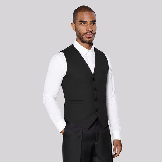 Black # Men's slim fit solid color fashion vest with v-neck and adjustable strap belt, sleeveless button-down waistcoat fully lined with premium polyester viscose blend for wedding, banquet, party, business and daily wear, isolated on white background.