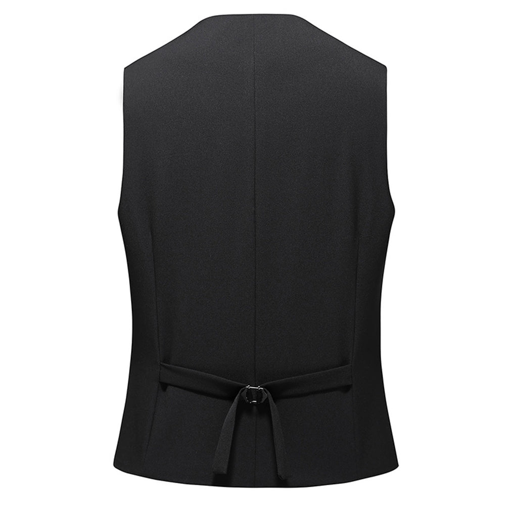 Black # Men's slim fit solid color fashion vest with v-neck and adjustable strap belt, sleeveless button-down waistcoat fully lined with premium polyester viscose blend for wedding, banquet, party, business and daily wear, isolated on white background.