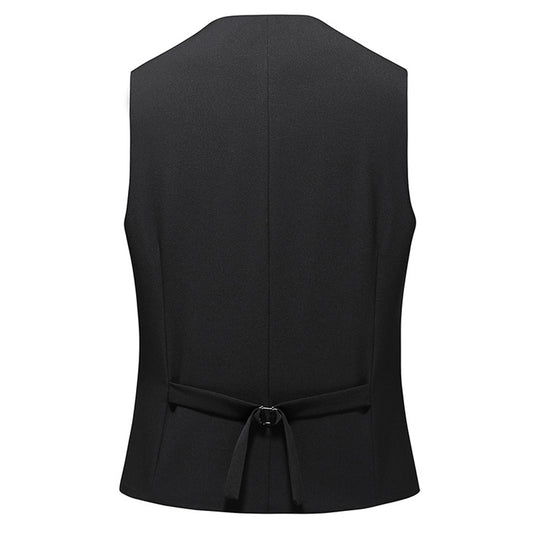 Black # Men's slim fit solid color fashion vest with v-neck and adjustable strap belt, sleeveless button-down waistcoat fully lined with premium polyester viscose blend for wedding, banquet, party, business and daily wear, isolated on white background.