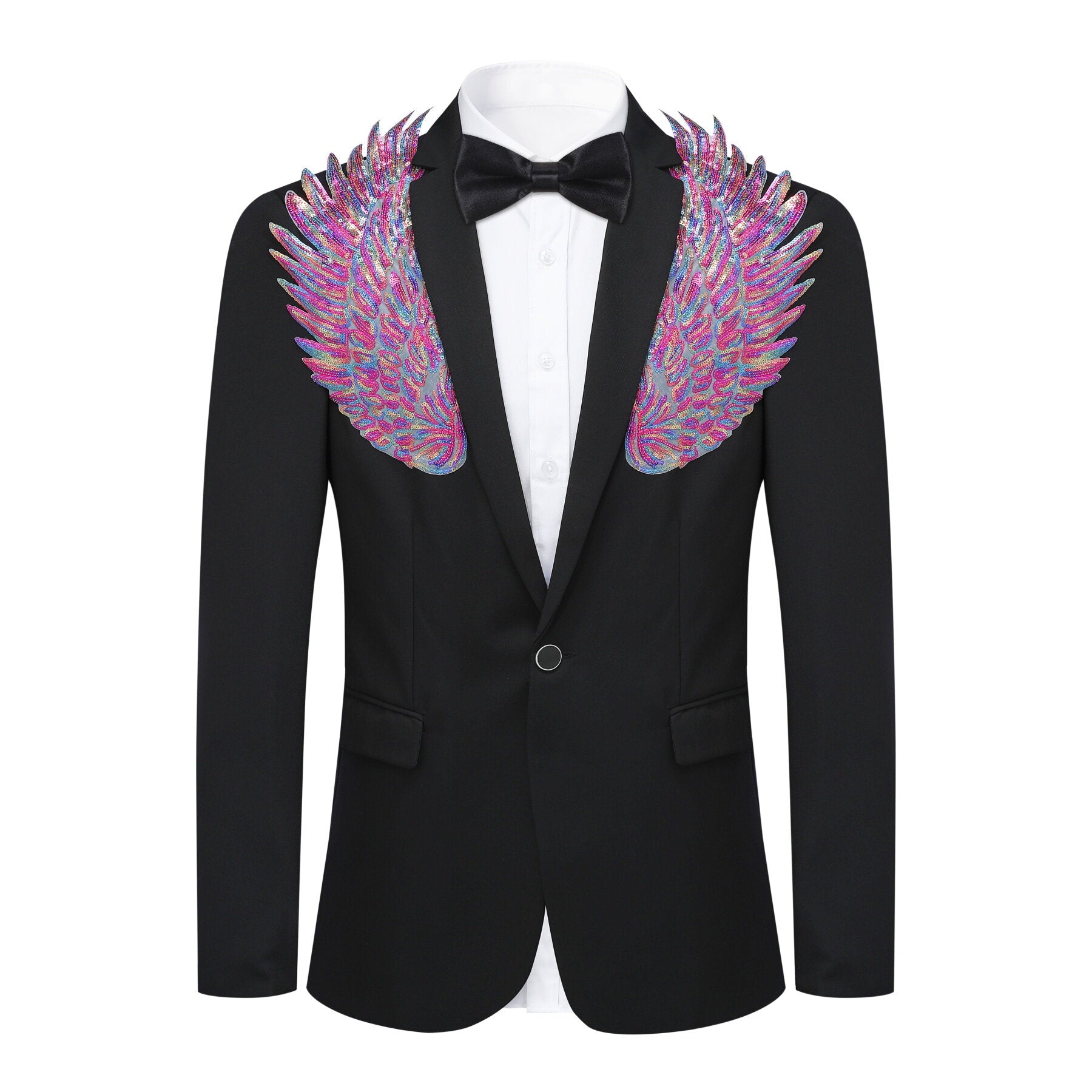 Black # Men's slim fit multicolor wings floral print blazer with notched lapel and single-breasted closure, black dress jacket with vibrant wing and flower pattern for party, wedding, stage performance and special occasions, isolated on white background.
