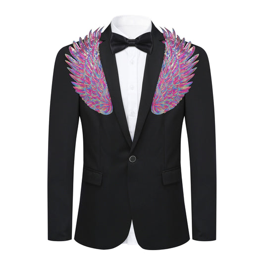 Black # Men's slim fit multicolor wings floral print blazer with notched lapel and single-breasted closure, black dress jacket with vibrant wing and flower pattern for party, wedding, stage performance and special occasions, isolated on white background.