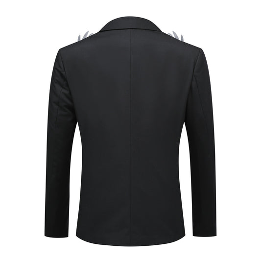 Black # Men's slim fit multicolor wings floral print blazer with notched lapel and single-breasted closure, black dress jacket with vibrant wing and flower pattern for party, wedding, stage performance and special occasions, isolated on white background.