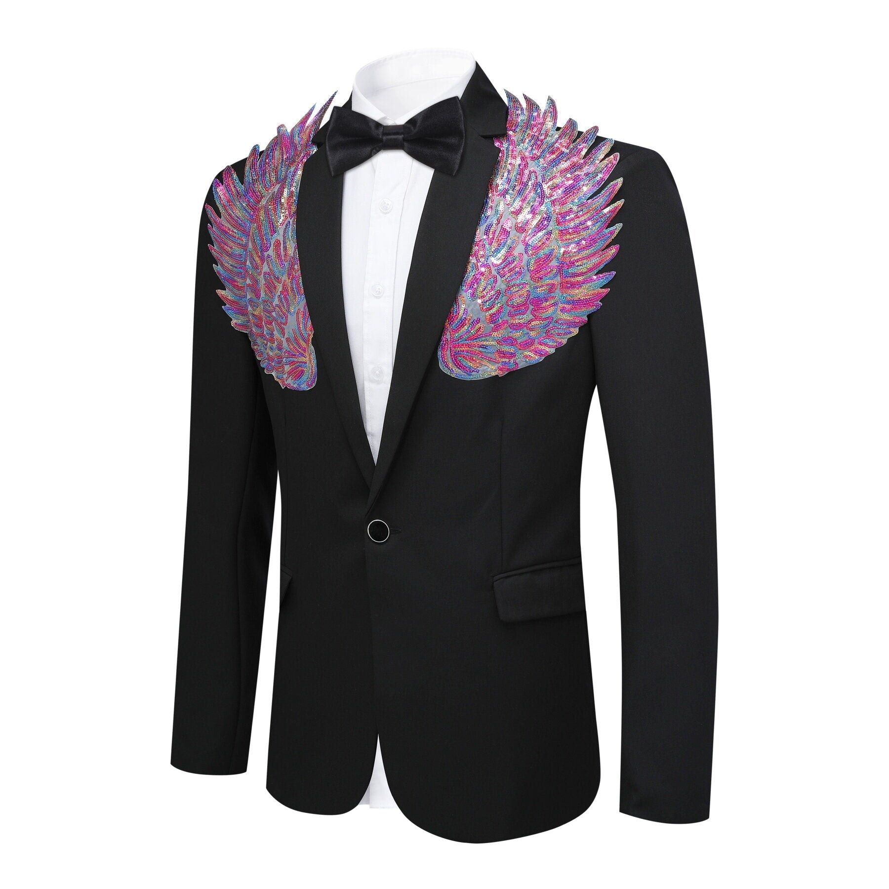 Black # Men's slim fit multicolor wings floral print blazer with notched lapel and single-breasted closure, black dress jacket with vibrant wing and flower pattern for party, wedding, stage performance and special occasions, isolated on white background.
