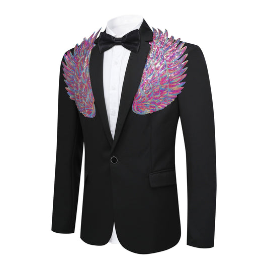 Black # Men's slim fit multicolor wings floral print blazer with notched lapel and single-breasted closure, black dress jacket with vibrant wing and flower pattern for party, wedding, stage performance and special occasions, isolated on white background.