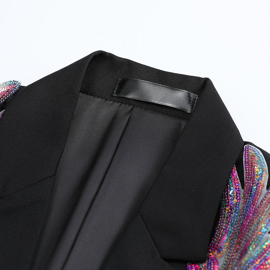Black # Men's slim fit multicolor wings floral print blazer with notched lapel and single-breasted closure, black dress jacket with vibrant wing and flower pattern for party, wedding, stage performance and special occasions, isolated on white background.
