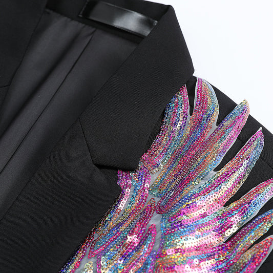 Black # Men's slim fit multicolor wings floral print blazer with notched lapel and single-breasted closure, black dress jacket with vibrant wing and flower pattern for party, wedding, stage performance and special occasions, isolated on white background.