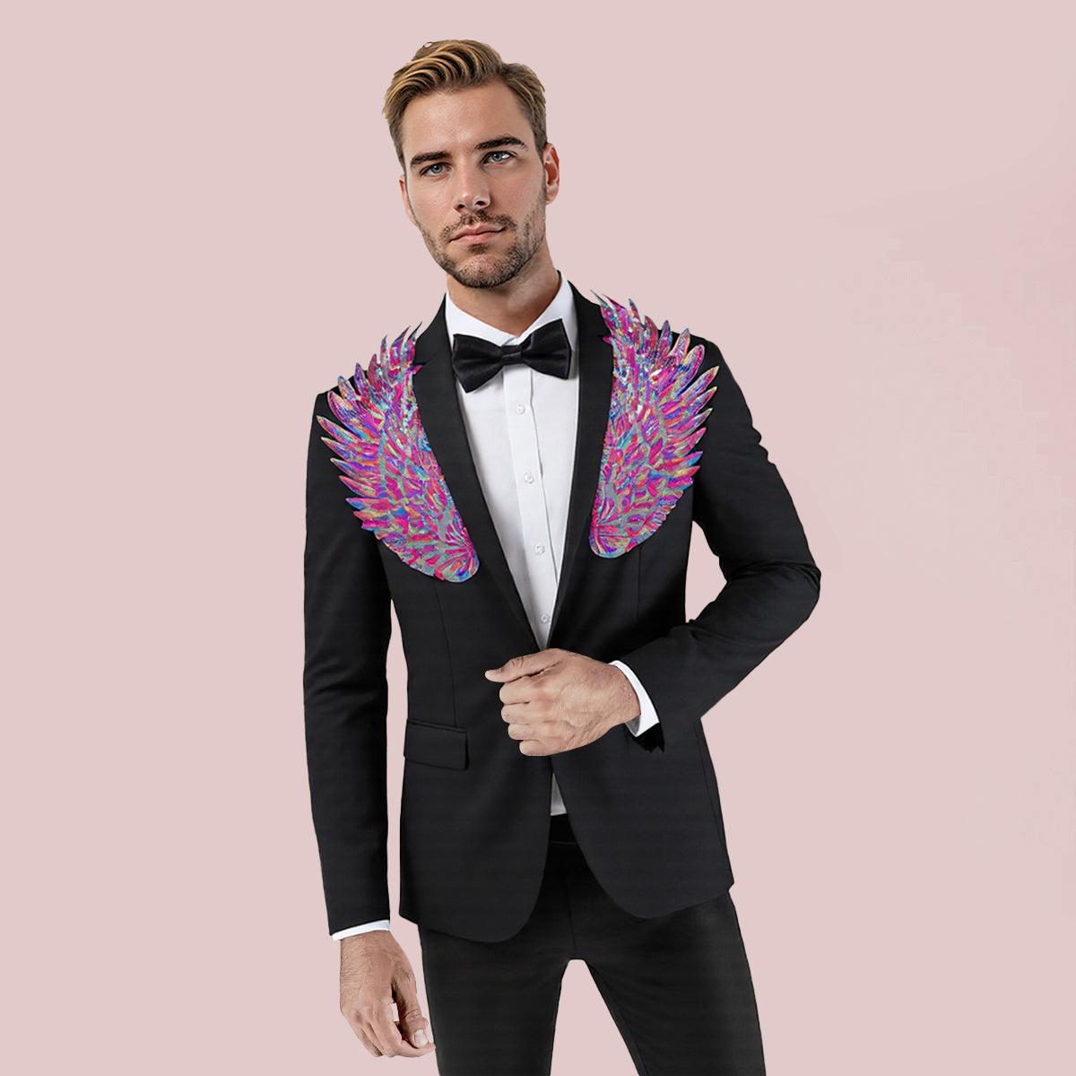Black # Men's slim fit multicolor wings floral print blazer with notched lapel and single-breasted closure, black dress jacket with vibrant wing and flower pattern for party, wedding, stage performance and special occasions, isolated on white background.