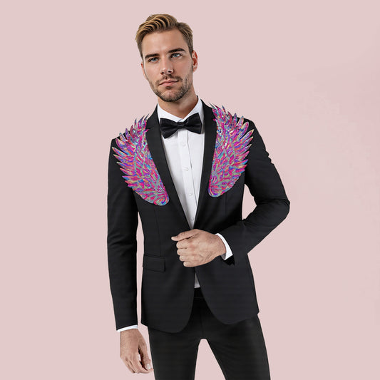 Black # Men's slim fit multicolor wings floral print blazer with notched lapel and single-breasted closure, black dress jacket with vibrant wing and flower pattern for party, wedding, stage performance and special occasions, isolated on white background.
