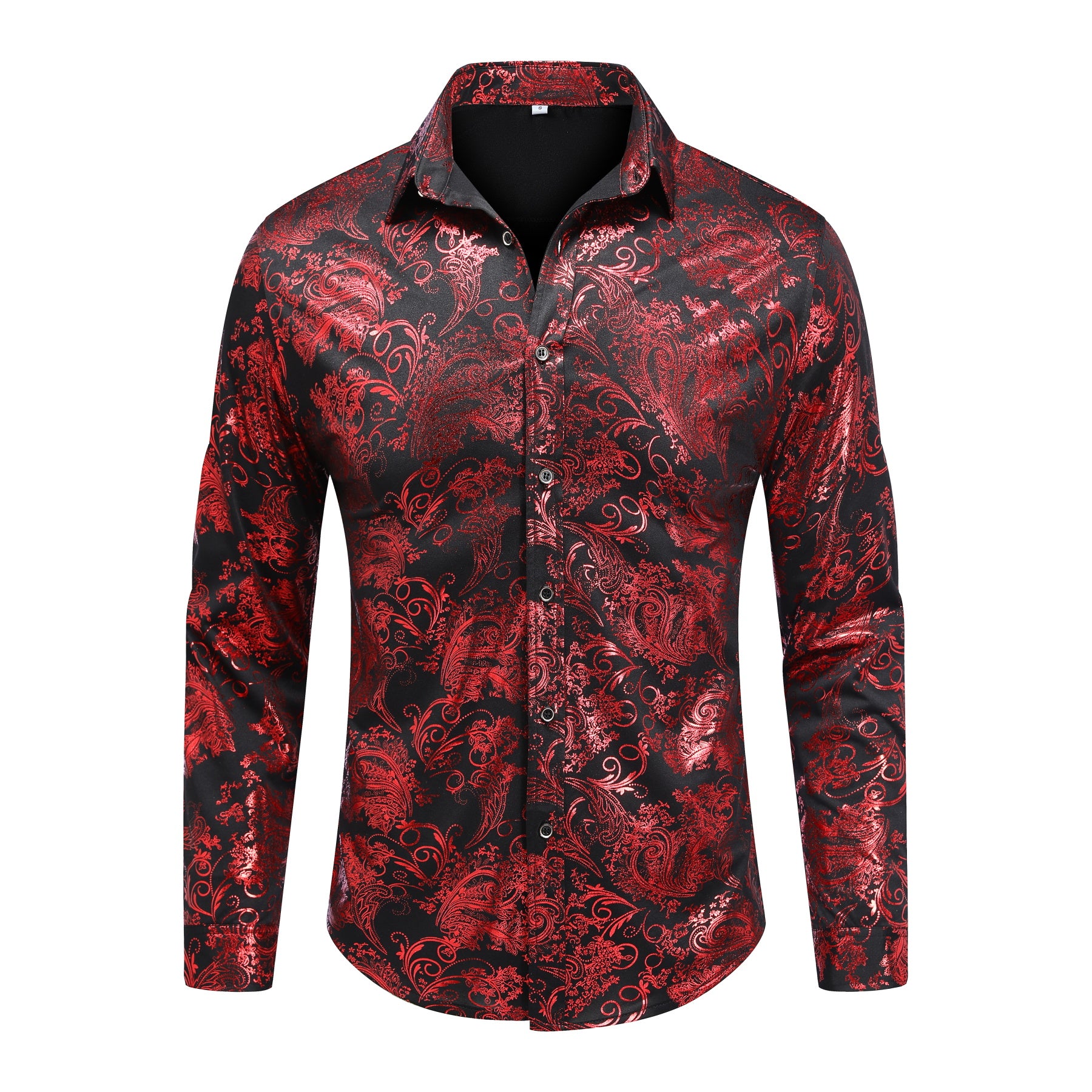 Red # Men's slim fit floral print long sleeve shirt with point collar and button closure, stylish red patterned casual top with tone-to-tone embroidery for party, wedding, prom, business and daily wear, isolated on white background.