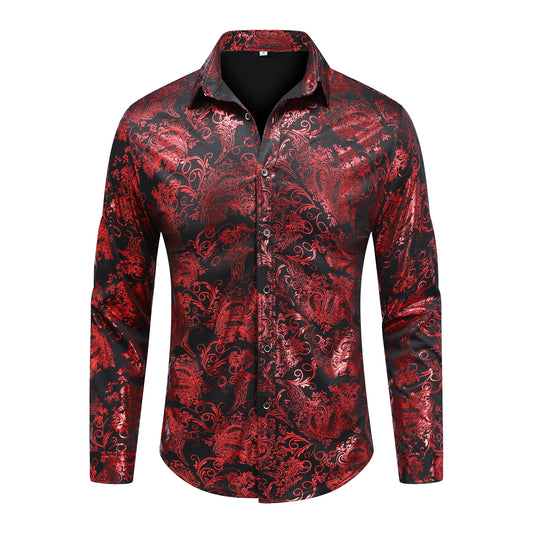 Red # Men's slim fit floral print long sleeve shirt with point collar and button closure, stylish red patterned casual top with tone-to-tone embroidery for party, wedding, prom, business and daily wear, isolated on white background.