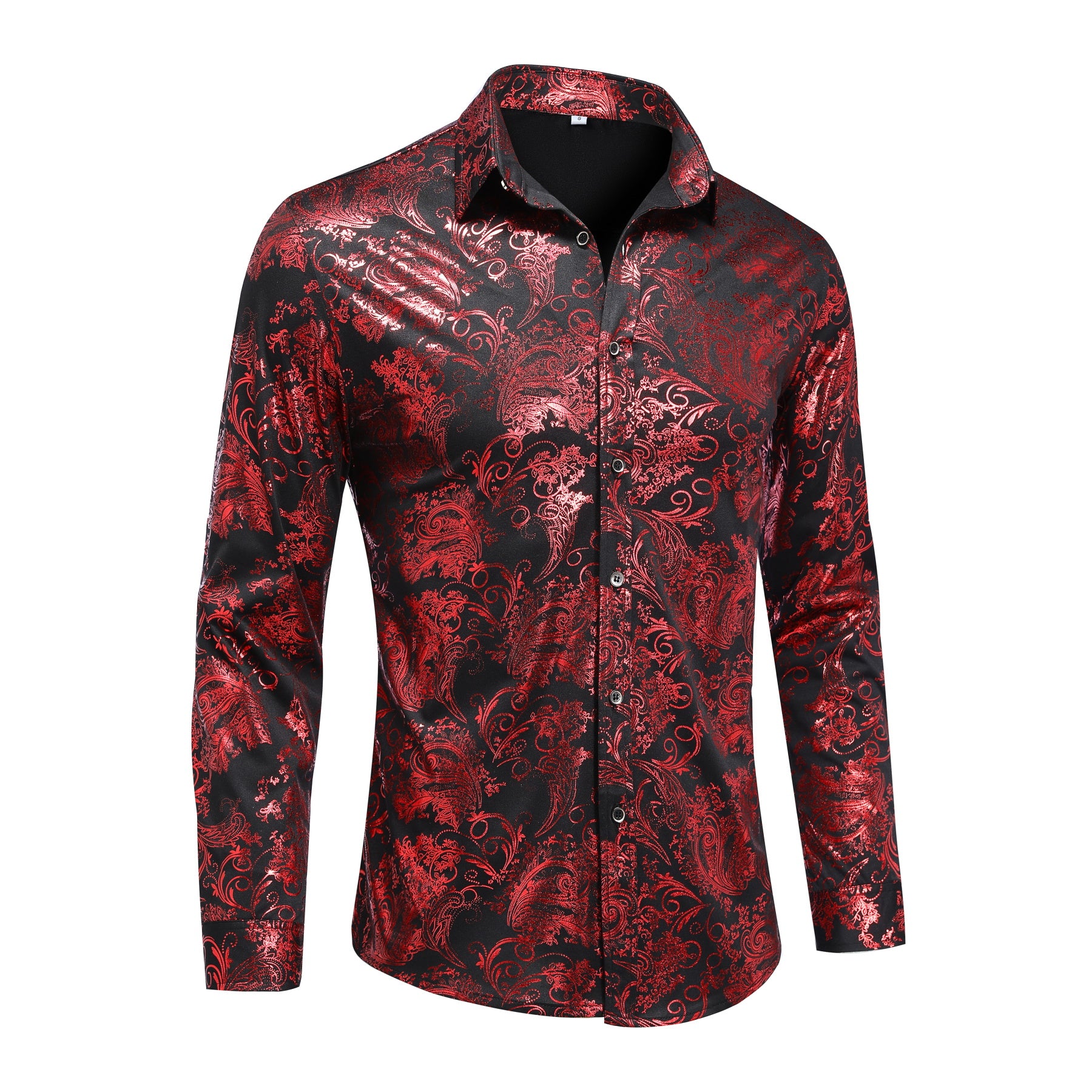 Red # Men's slim fit floral print long sleeve shirt with point collar and button closure, stylish red patterned casual top with tone-to-tone embroidery for party, wedding, prom, business and daily wear, isolated on white background.