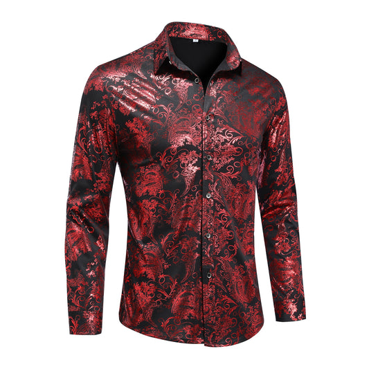 Red # Men's slim fit floral print long sleeve shirt with point collar and button closure, stylish red patterned casual top with tone-to-tone embroidery for party, wedding, prom, business and daily wear, isolated on white background.