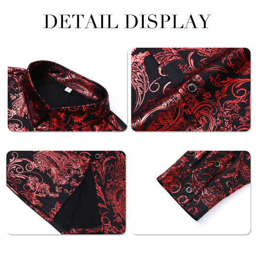 Red # Men's slim fit floral print long sleeve shirt with point collar and button closure, stylish red patterned casual top with tone-to-tone embroidery for party, wedding, prom, business and daily wear, isolated on white background.