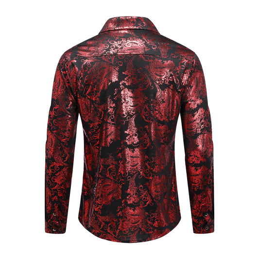 Red # Men's slim fit floral print long sleeve shirt with point collar and button closure, stylish red patterned casual top with tone-to-tone embroidery for party, wedding, prom, business and daily wear, isolated on white background.