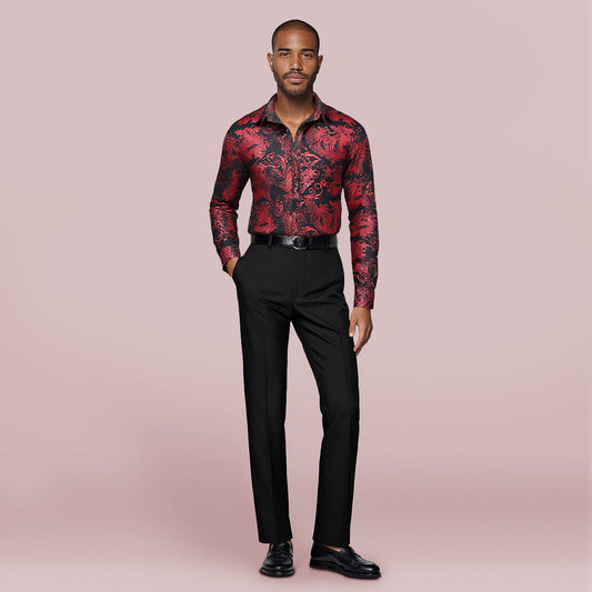 Red # Men's slim fit floral print long sleeve shirt with point collar and button closure, stylish red patterned casual top with tone-to-tone embroidery for party, wedding, prom, business and daily wear, isolated on white background.
