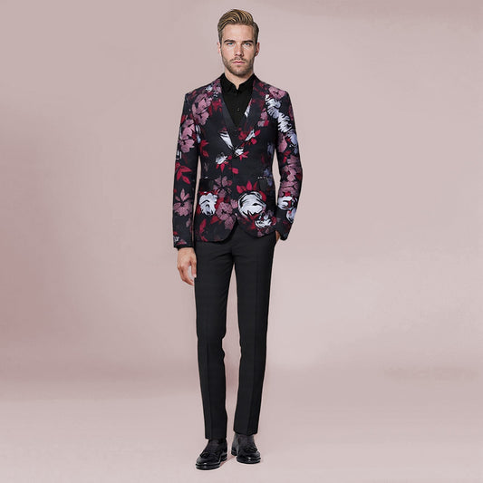 Maroon # Men's slim fit 3-piece allover floral print suit with peaked lapel and button closure, maroon formal blazer jacket with matching vest and flat-front trousers, elegant polyester suit for wedding, prom, party and special occasions, isolated on white background.