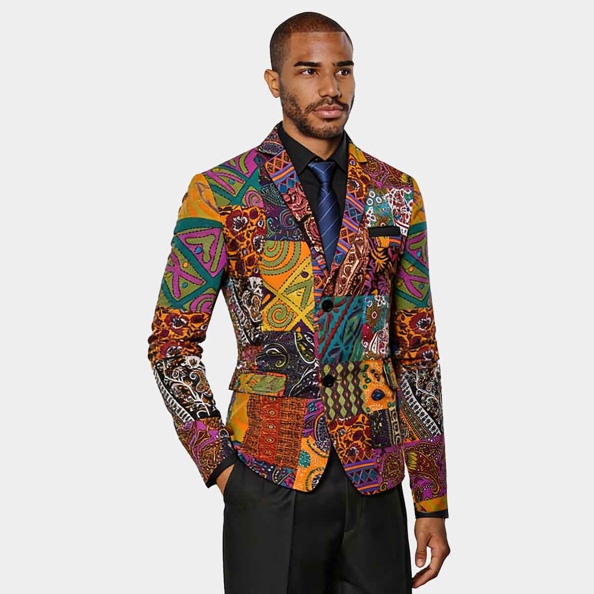 Canvas # Men's single-breasted two-button floral printed casual blazer with notched lapel and center back vent, canvas sport coat featuring random cutting floral print, three-button cuffs and two front flap pockets, soft spandex polyester blend jacket for party, prom, banquet, show and daily wear, isolated on white background.