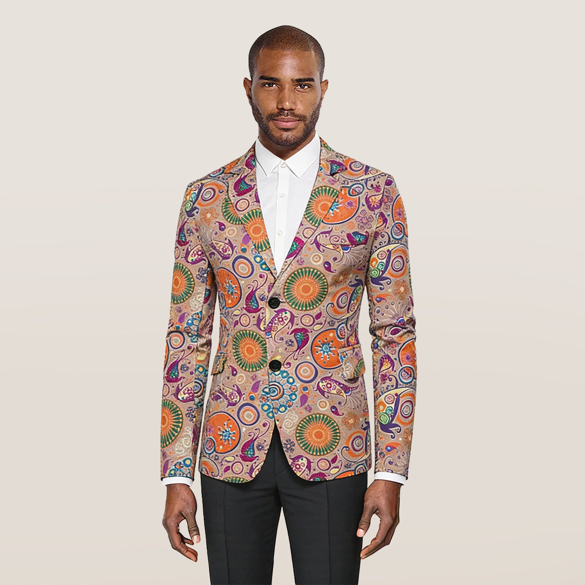 Multi-color # Men's floral printed casual blazer with single-breasted two-button notched lapel, soft cotton-poly blend sport coat with random cutting floral pattern for party, prom, banquet, show and festival, isolated on white background.