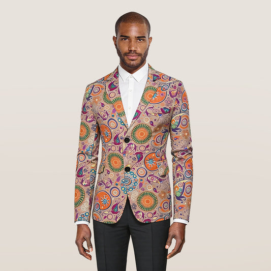 Multi-color # Men's floral printed casual blazer with single-breasted two-button notched lapel, soft cotton-poly blend sport coat with random cutting floral pattern for party, prom, banquet, show and festival, isolated on white background.