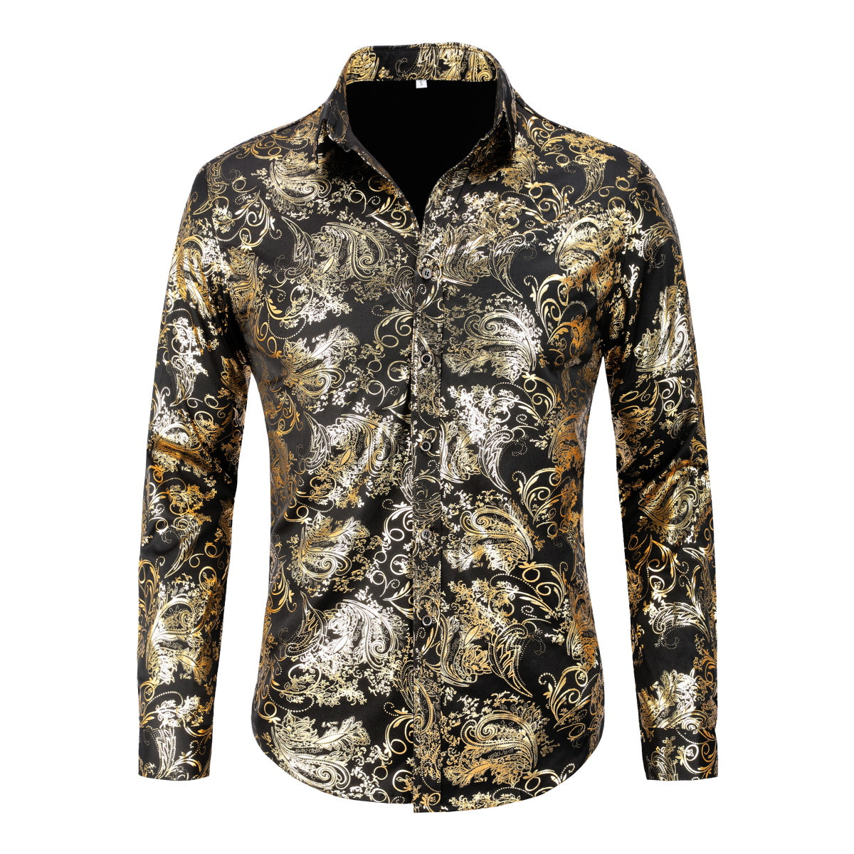 Gold # Men's slim fit floral long sleeve shirt with point collar and button closure, soft breathable polyester blend gold printed top with elegant tone-to-tone embroidery for party, prom, wedding, business and daily wear, isolated on white background.