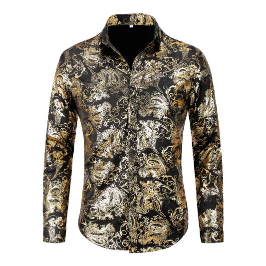Gold # Men's slim fit floral long sleeve shirt with point collar and button closure, soft breathable polyester blend gold printed top with elegant tone-to-tone embroidery for party, prom, wedding, business and daily wear, isolated on white background.