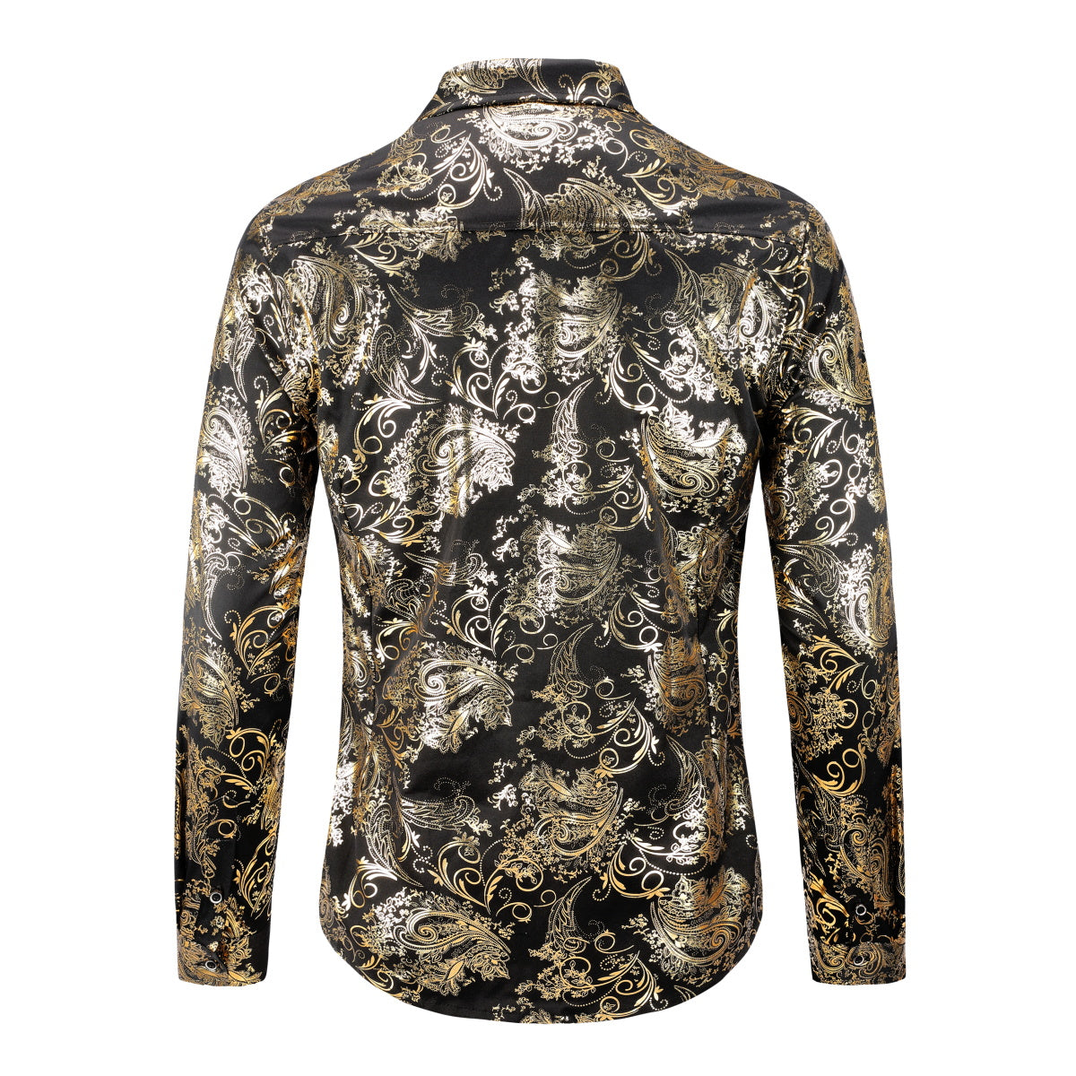 Gold # Men's slim fit floral long sleeve shirt with point collar and button closure, soft breathable polyester blend gold printed top with elegant tone-to-tone embroidery for party, prom, wedding, business and daily wear, isolated on white background.