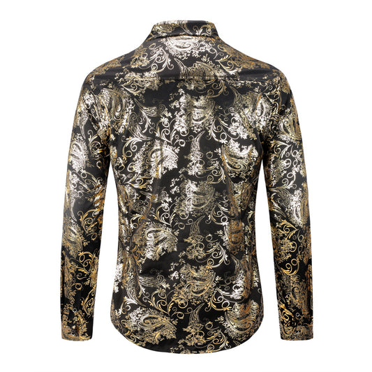 Gold # Men's slim fit floral long sleeve shirt with point collar and button closure, soft breathable polyester blend gold printed top with elegant tone-to-tone embroidery for party, prom, wedding, business and daily wear, isolated on white background.