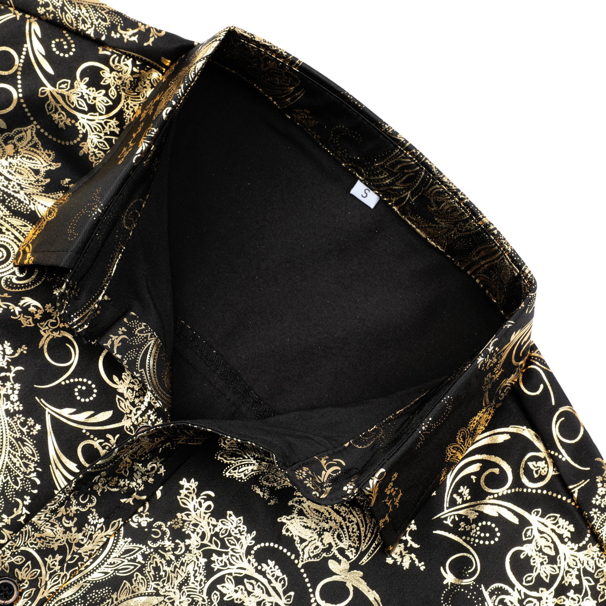 Gold # Men's slim fit floral long sleeve shirt with point collar and button closure, soft breathable polyester blend gold printed top with elegant tone-to-tone embroidery for party, prom, wedding, business and daily wear, isolated on white background.