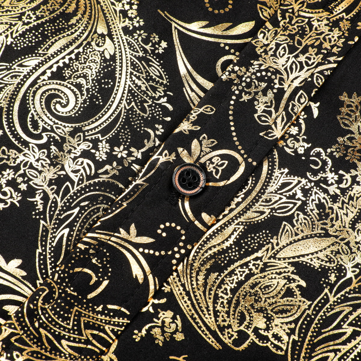 Gold # Men's slim fit floral long sleeve shirt with point collar and button closure, soft breathable polyester blend gold printed top with elegant tone-to-tone embroidery for party, prom, wedding, business and daily wear, isolated on white background.